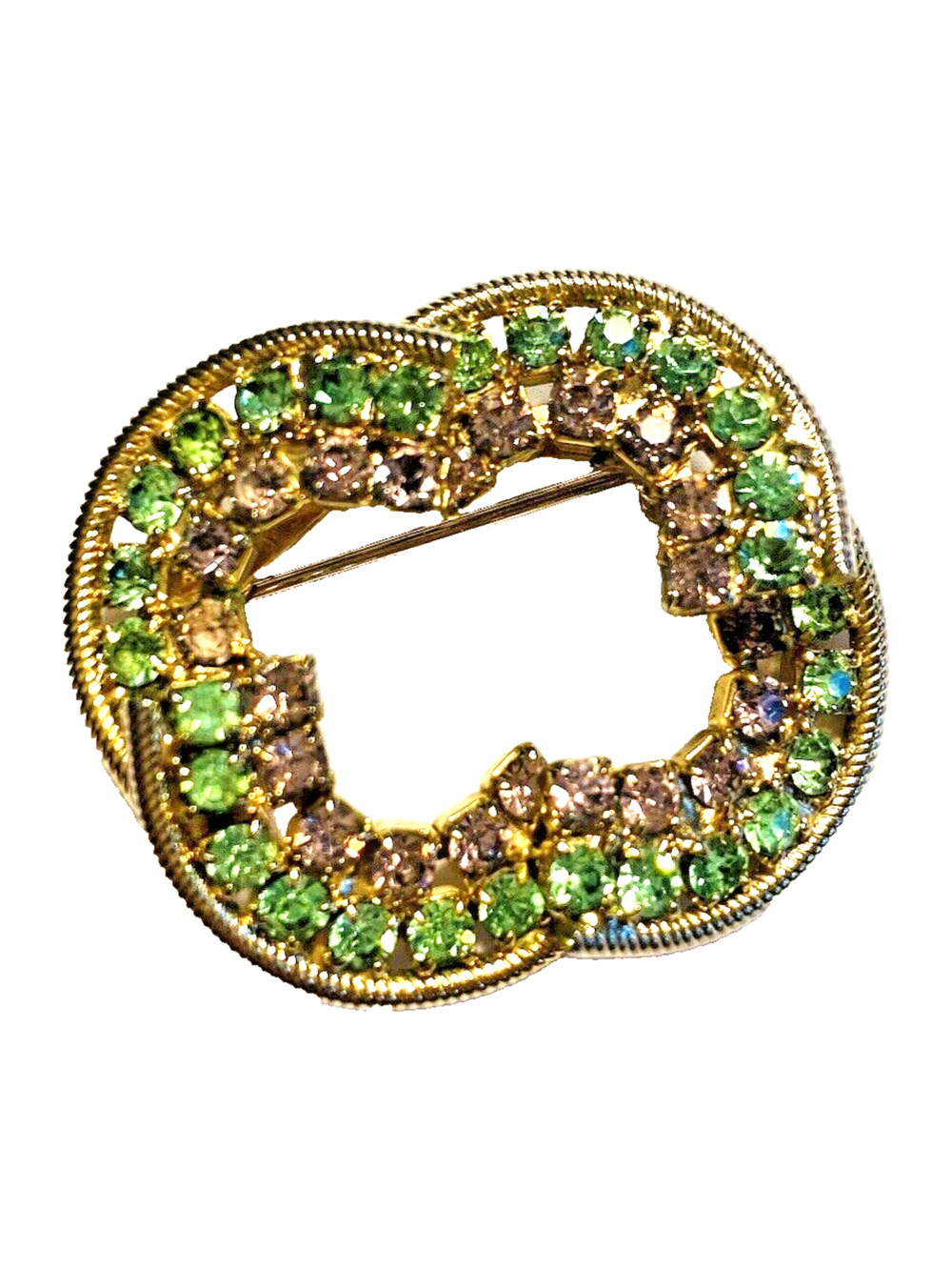 Vintage Rhinestones Brooch Goldtone & Colorful Rhinestones Unique Green Lavender